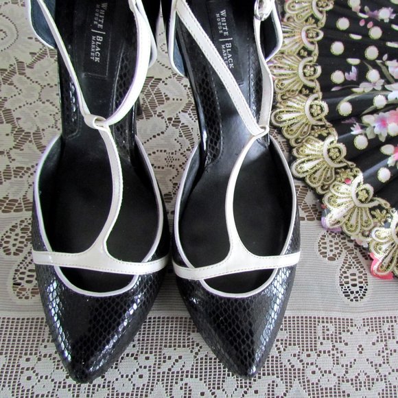 BLACK & WHITE HEELS, 8.5, 8 1/2 WHITE HOUSE BLACK MARKET SHOES, LEATHER - Picture 7 of 8